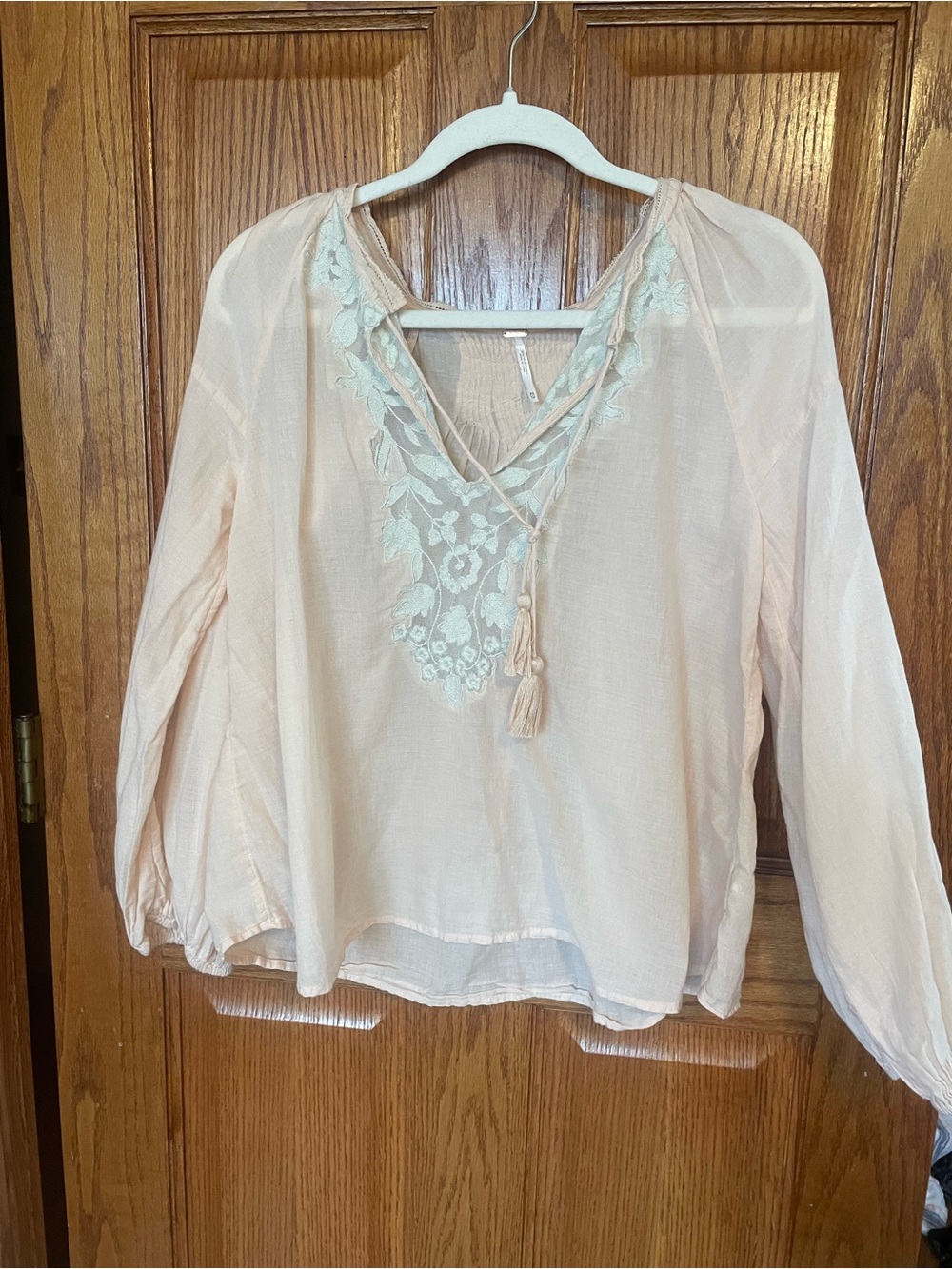 Free People Pale Pink Peasant Blouse with Mint Embroidery